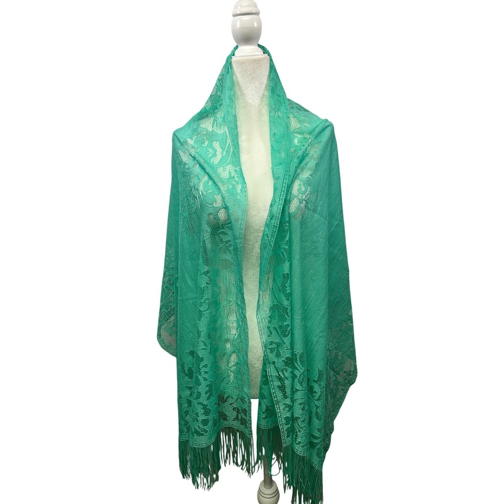 Boho Romantic Festival Women OS Seafoam Green Floral Lace Fringe Shawl Wrap